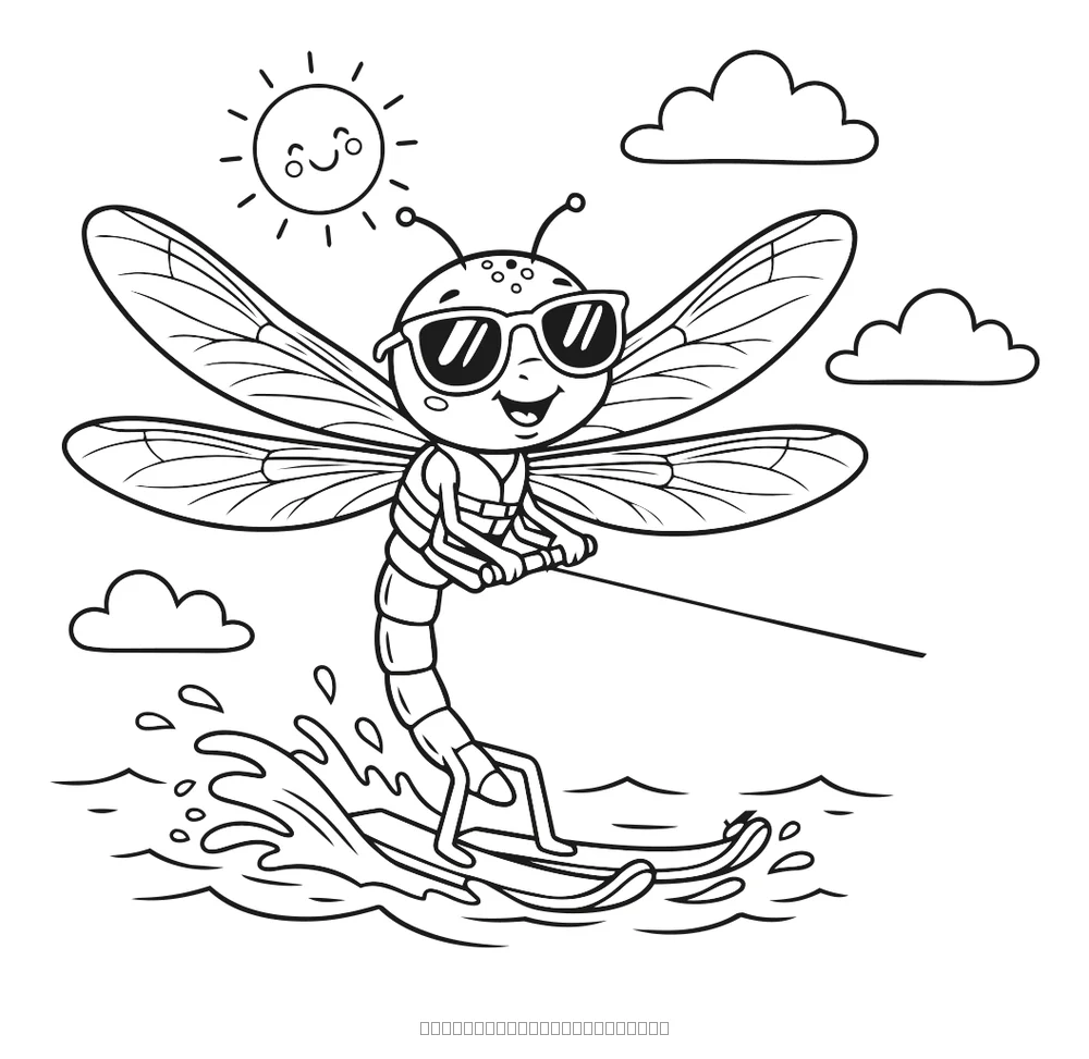 La libellule fait du ski nautique — coloriage à imprimer