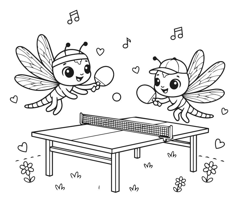 Les libellules jouent au ping-pong — coloriage à imprimer