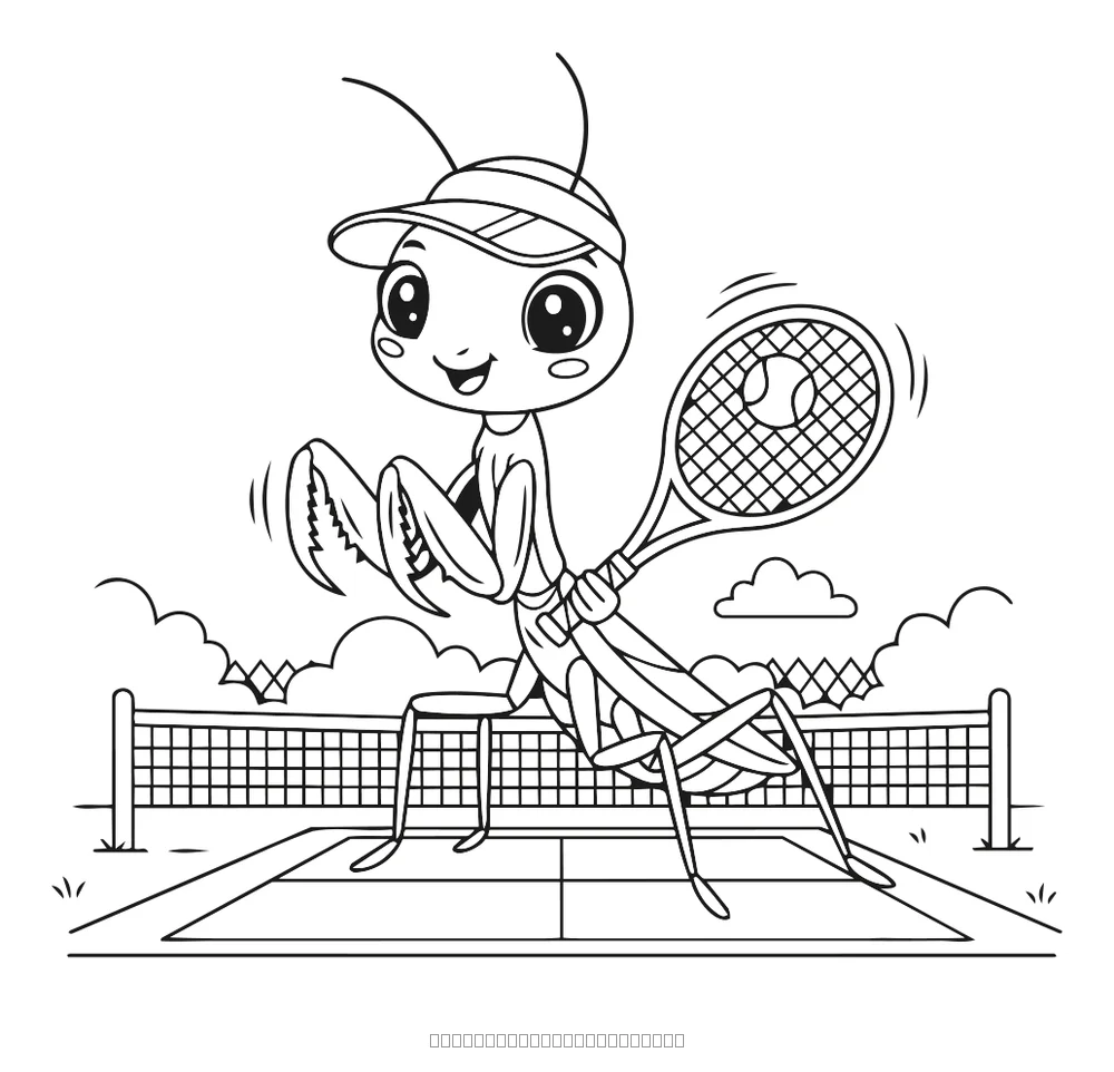 La mante religieuse joue au tennis — coloriage à imprimer
