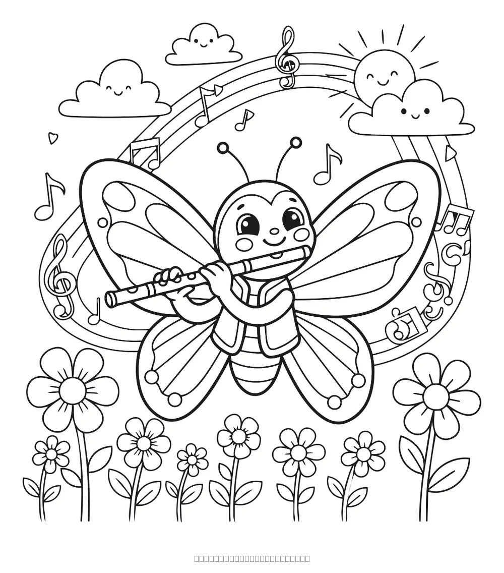 Le papillon joue de la flûte — coloriage à imprimer