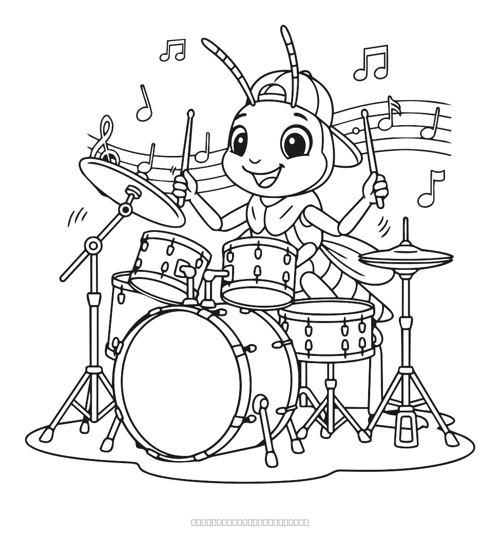 La sauterelle joue de la batterie — coloriage à imprimer