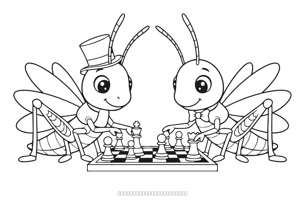 Les sauterelles jouent aux échecs — coloriage à imprimer