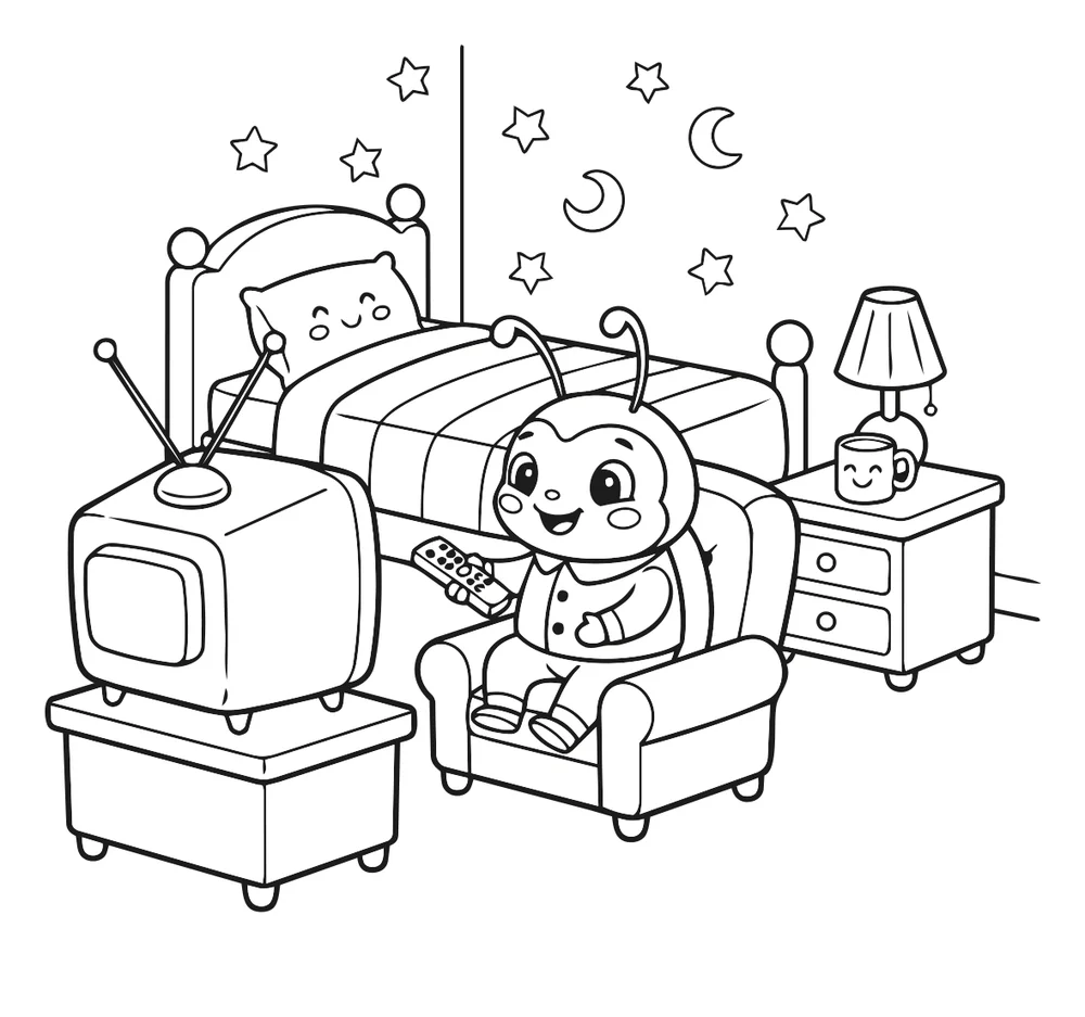 Le scarabée regarde la télé — coloriage à imprimer