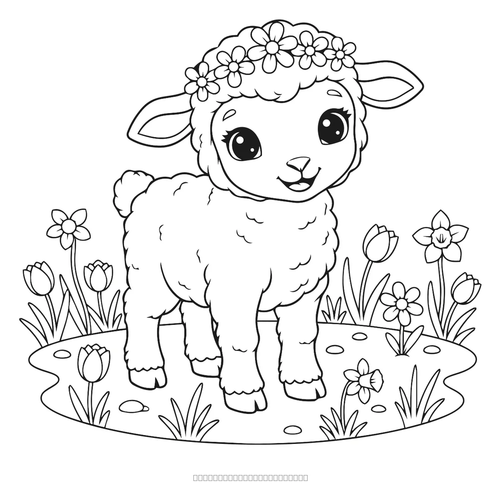 Coloriage agneau avec une couronne de fleurs à imprimer