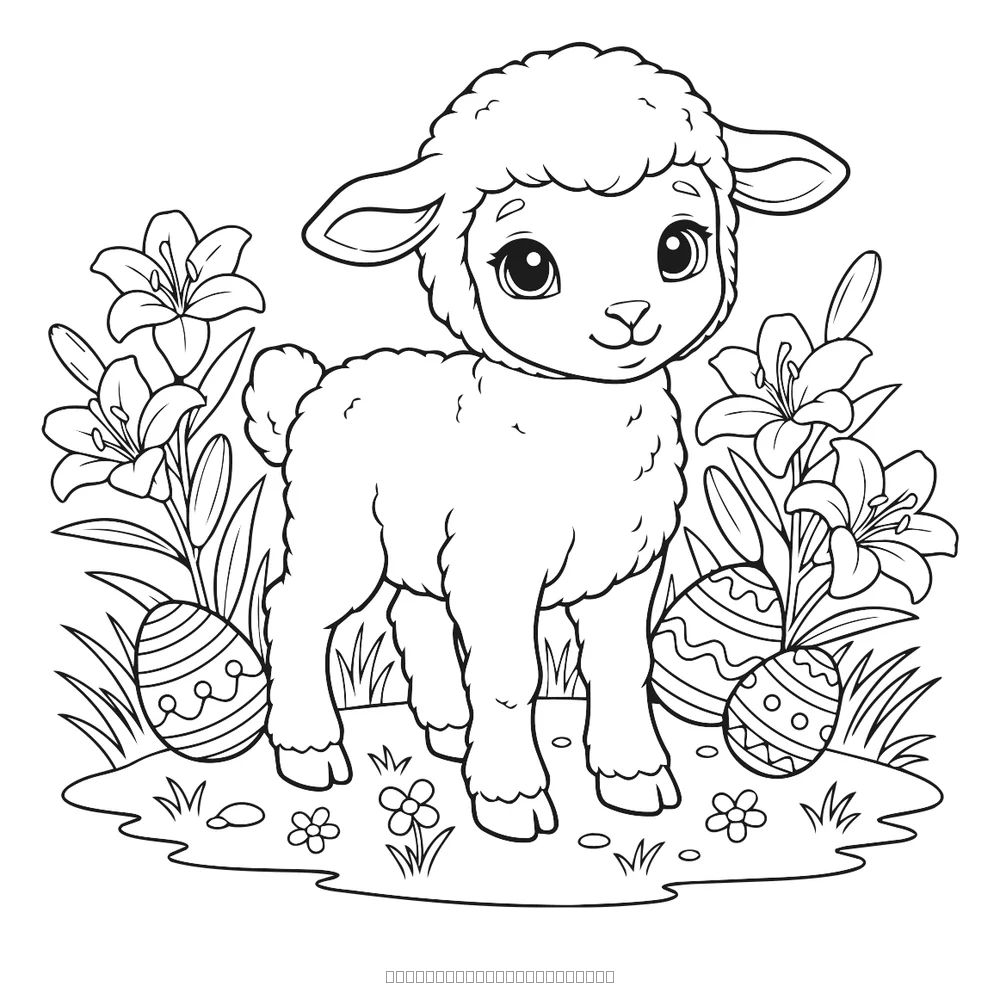 Coloriage agneau de pâques dans les fleurs à imprimer