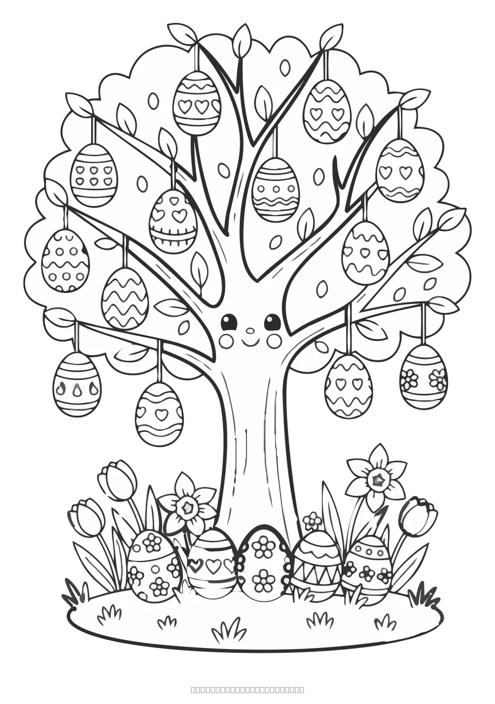 Coloriage arbre de pâques décoré d'œufs à imprimer