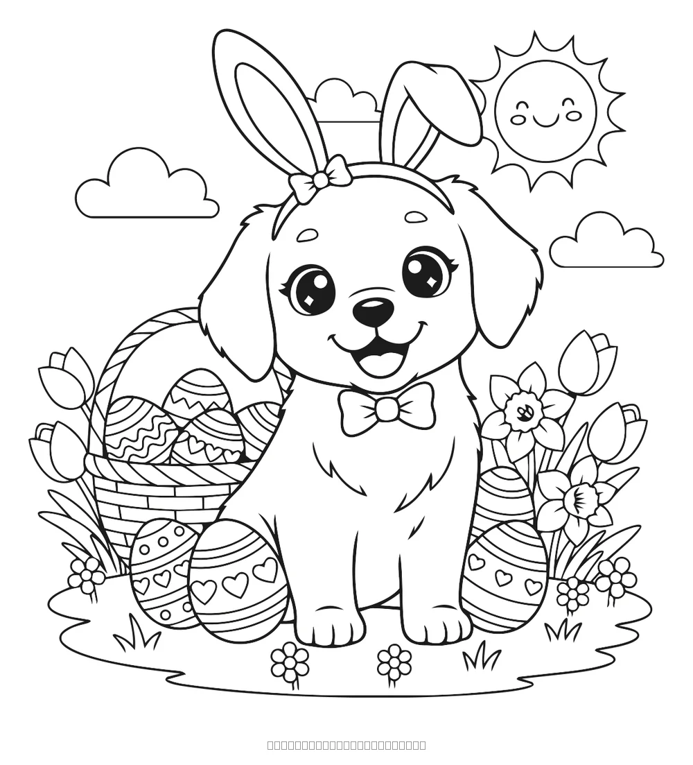 Coloriage chiot déguisé en lapin de pâques à imprimer
