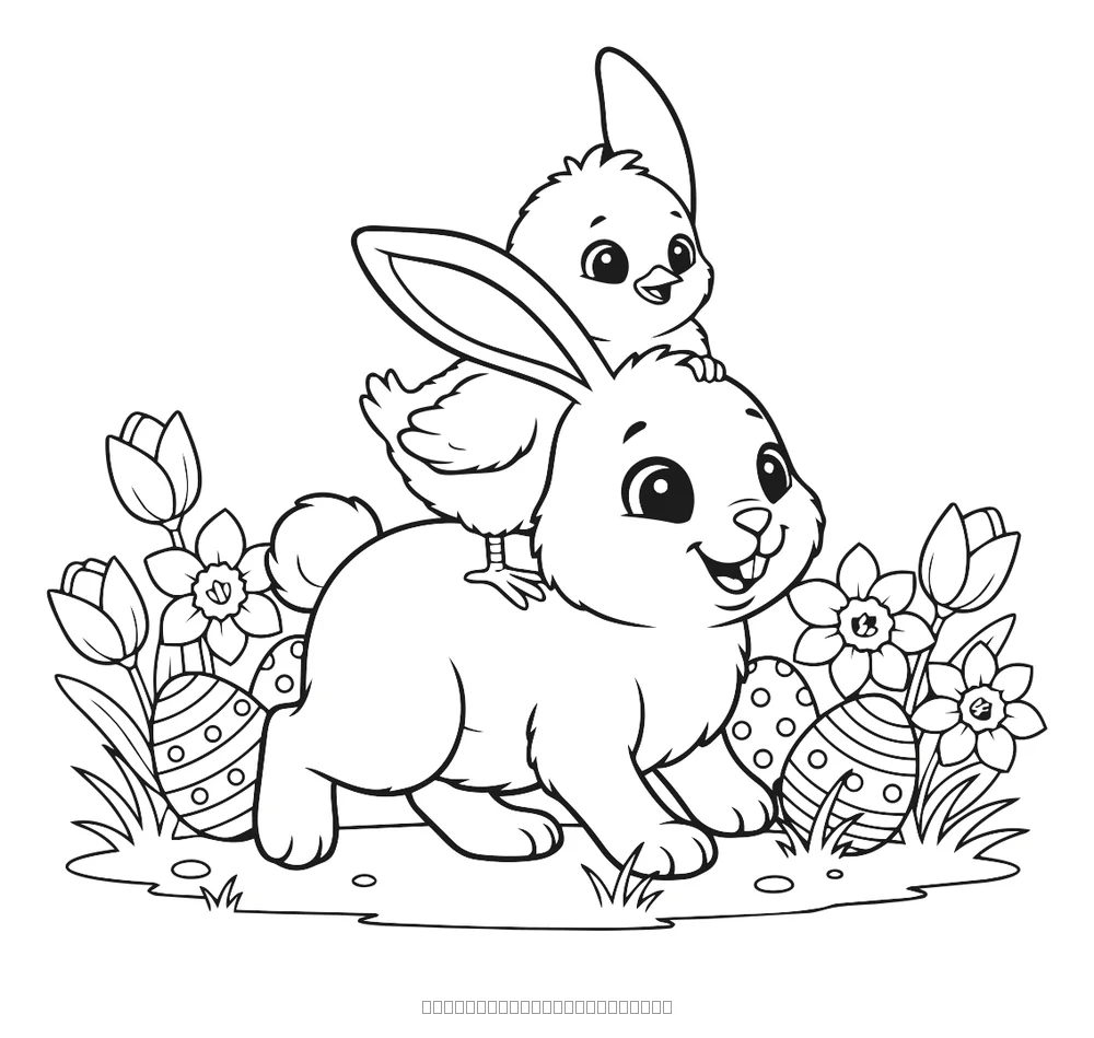 Coloriage deux lapins de pâques dans l'herbe à imprimer