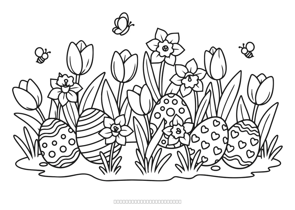 Coloriage jardin de printemps avec des œufs à imprimer