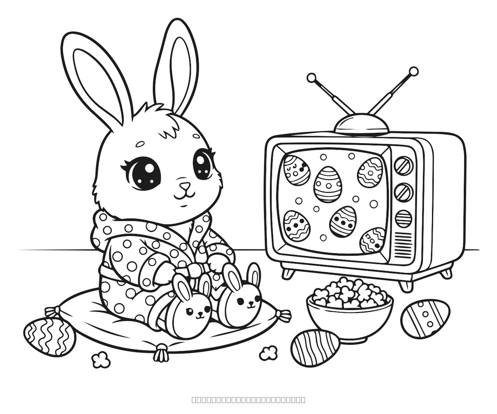 Coloriage lapin de pâques devant la télé à imprimer