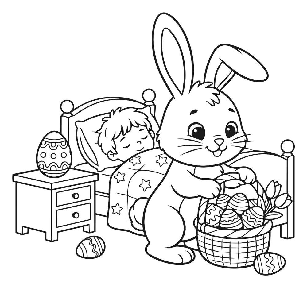 Coloriage lapin de pâques et l'enfant endormi à imprimer