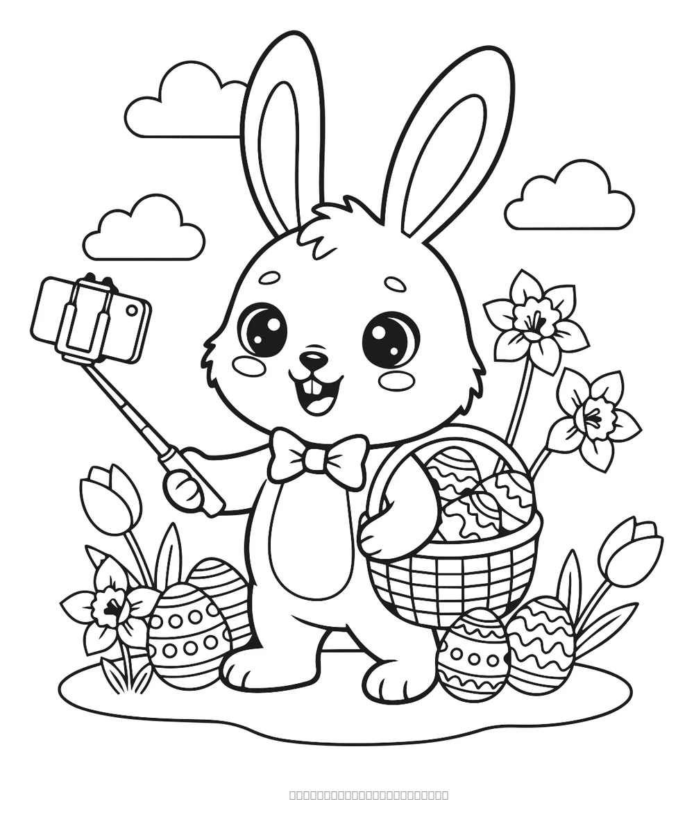 Coloriage lapin de pâques fait un selfie à imprimer