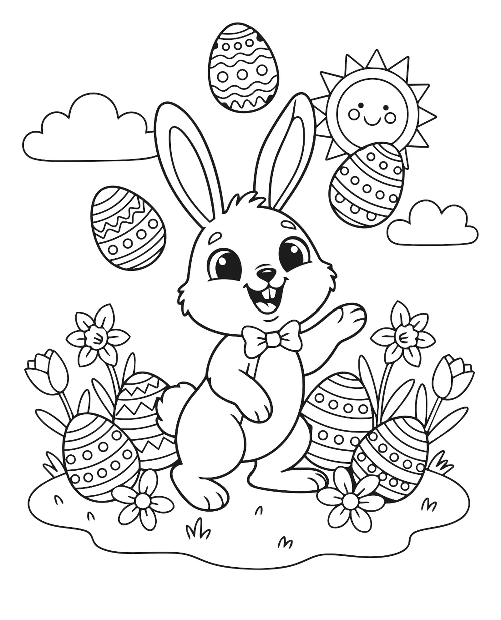 Coloriage lapin jongleur d'œufs de pâques à imprimer
