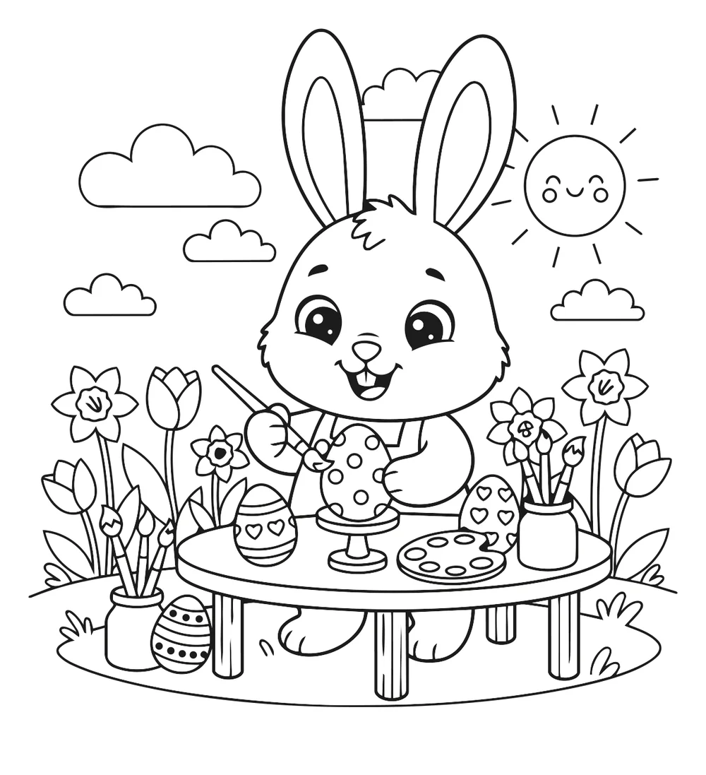 Coloriage lapin qui peint des œufs de pâques à imprimer