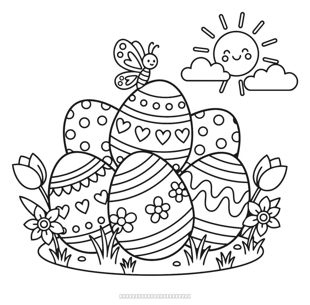Coloriage œufs de pâques décorés au soleil à imprimer