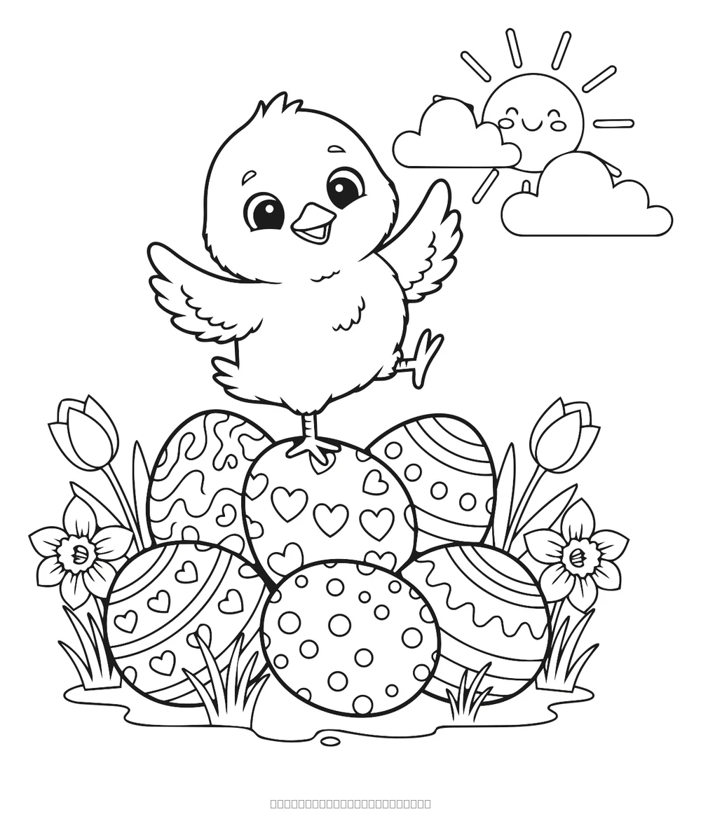Coloriage poussin debout sur des œufs à imprimer