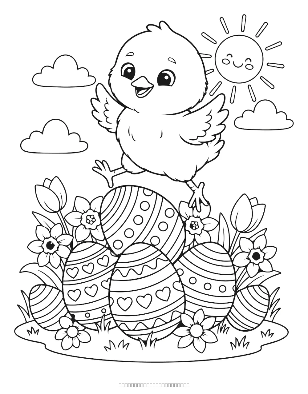 Coloriage poussin sur une pile d'œufs à imprimer