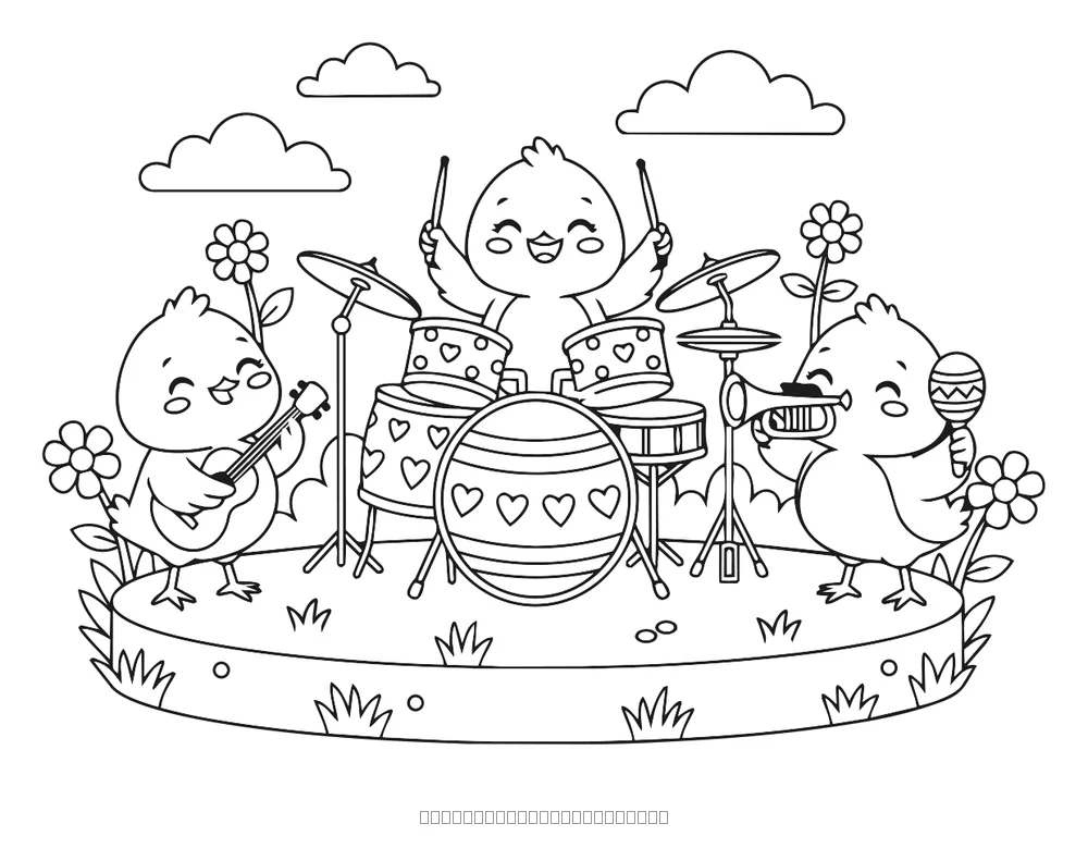 Coloriage poussins musiciens de pâques à imprimer