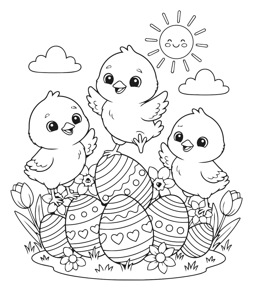 Coloriage poussins sur les œufs de pâques à imprimer